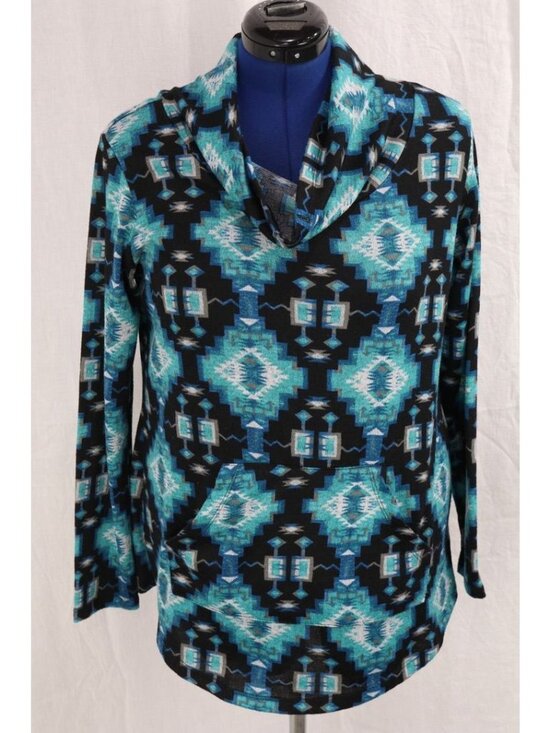 just be Tops - Aztec Southwestern Top Womens 1X Teal Black Cowl Neck Hoodie Kangaroo Pocket VTG